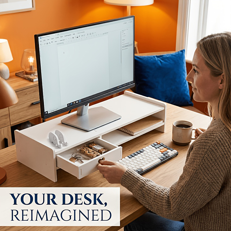 Desk Setup Home Office - Minimalistischer Weißer PVC-Monitorständer mit Aufbewahrungsschublade, Ergonomischer