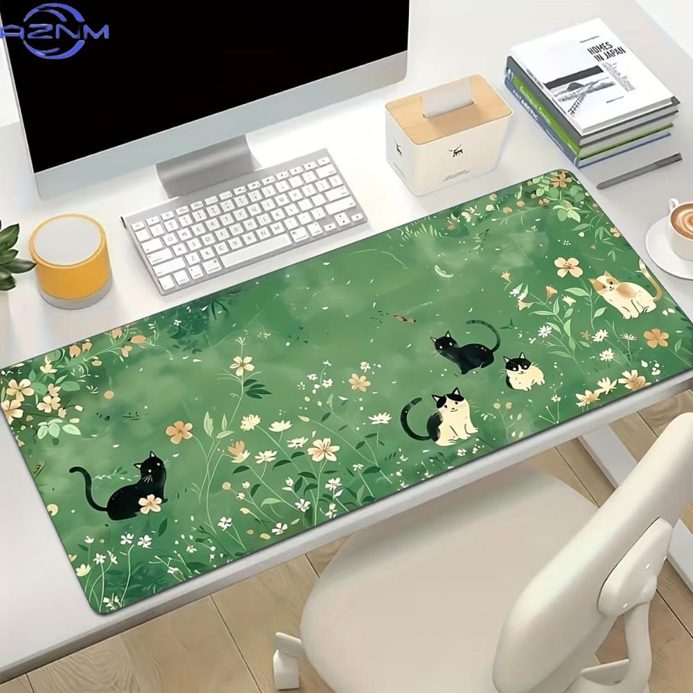 Desk Setup Gaming And Work - Florales, niedliches Katzen-Gaming-Mauspad, rutschfeste Gummi-Kantenverstärkung, erweiterte