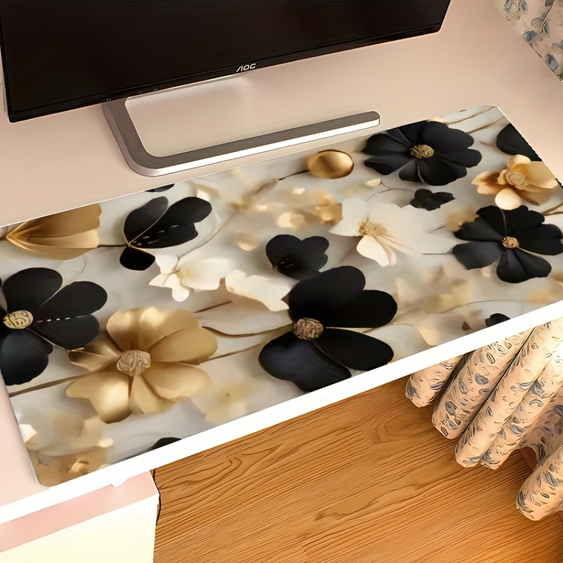 Desk Setup Gaming And Work - Schwarz-Goldene Blumenmuster Große Schreibtischunterlage Langlebiges Gummi-Gaming-Mauspad