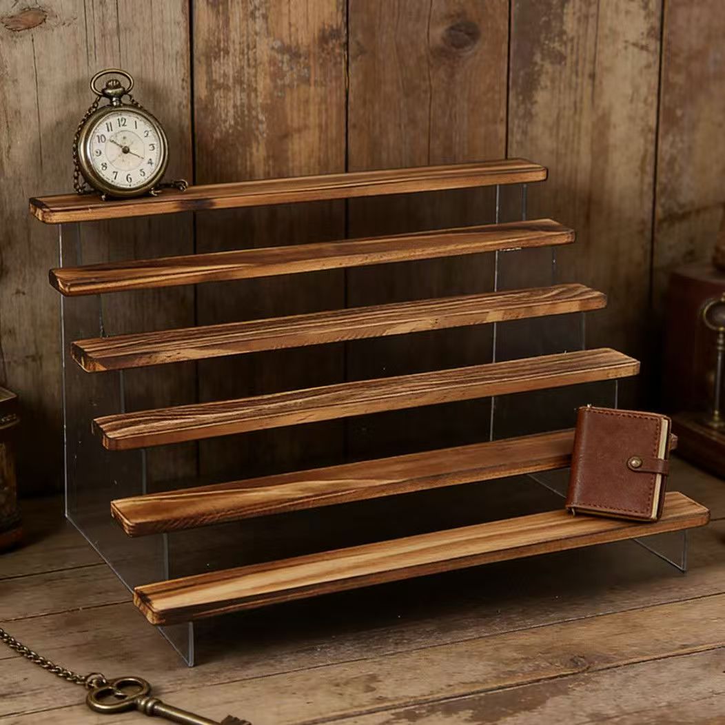 Desk Setup Shelves - Verkohlter Holzstufen-Präsentationsständer, 2–6-stufiges Acryl-Blindbox-Spielzeug-Aufbewahrungsregal, Desktop-Halter, Kosmetik-Displayregal