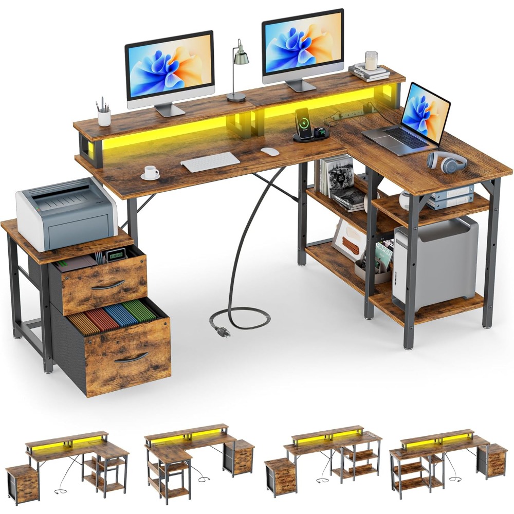 Desk Setup Corner - Büroschreibtisch mit Aktenschubladen und Steckdose, Umkehrbare
